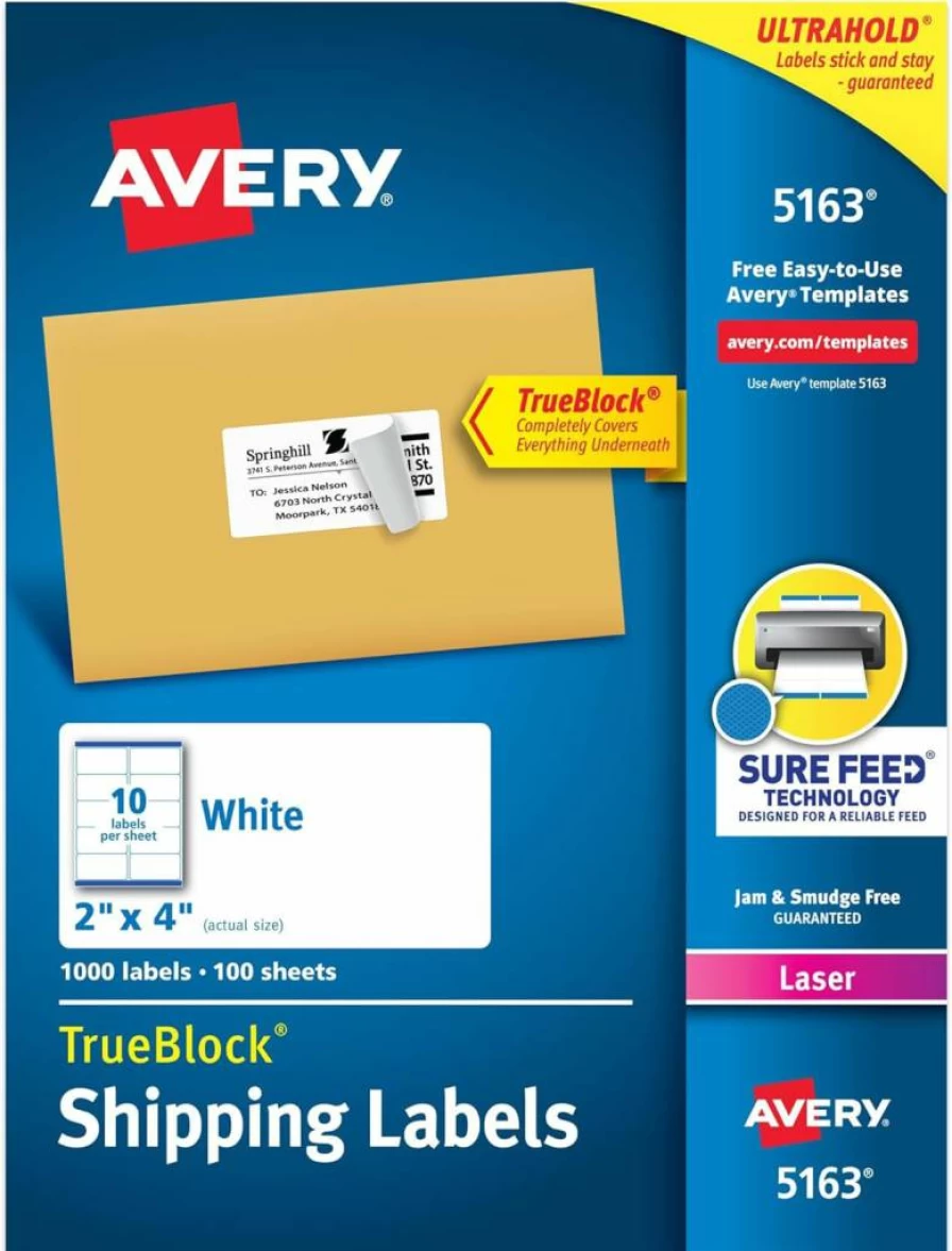 Avery 5163 Printable Shipping Labels, 2" x 4" White Blank Mailing Stickers, 1,000 Pack, Sure Feed Technology for Reliable Printing, Customizable for Shipping, Mailing & More