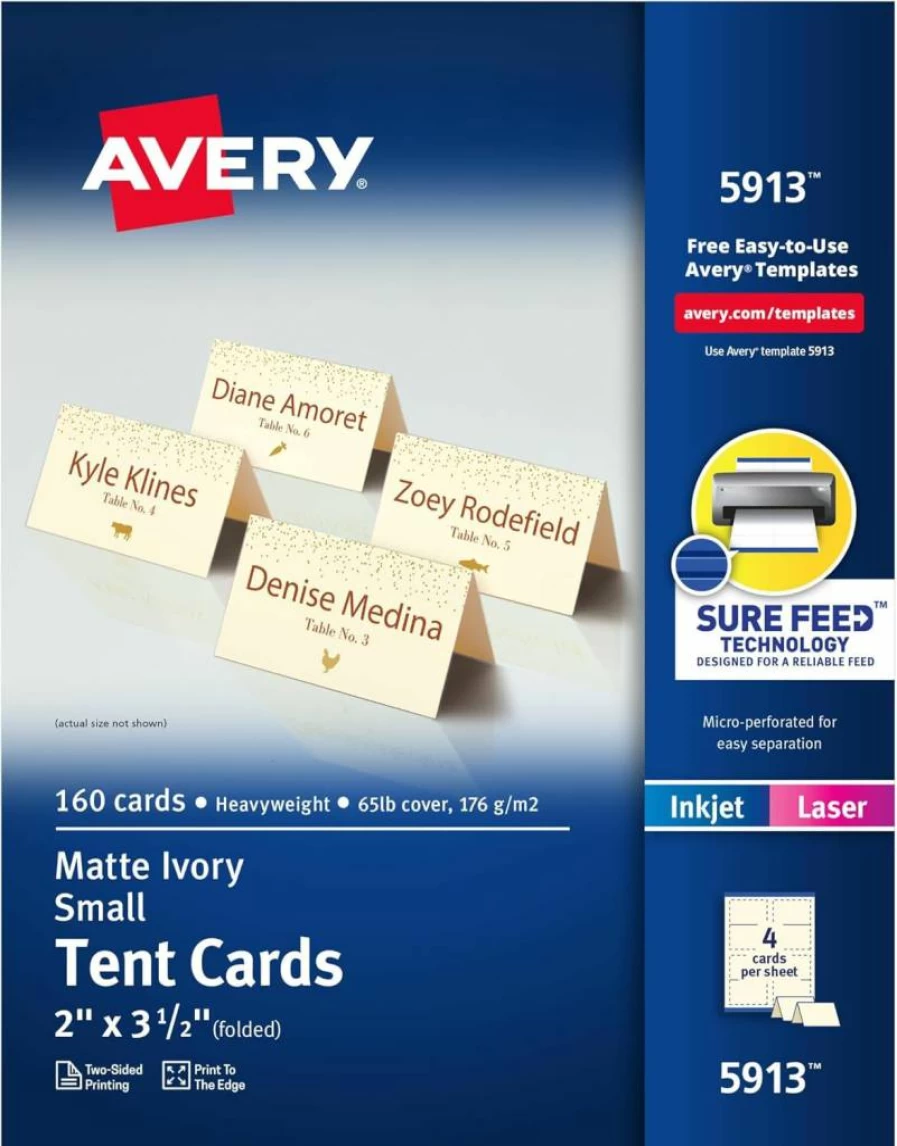 Avery 3328 Printable Tent Cards, 2" x 3.5" White Place Cards with Metallic Gold Borders, 80 Blank Laser/Inkjet Compatible Name Cards
