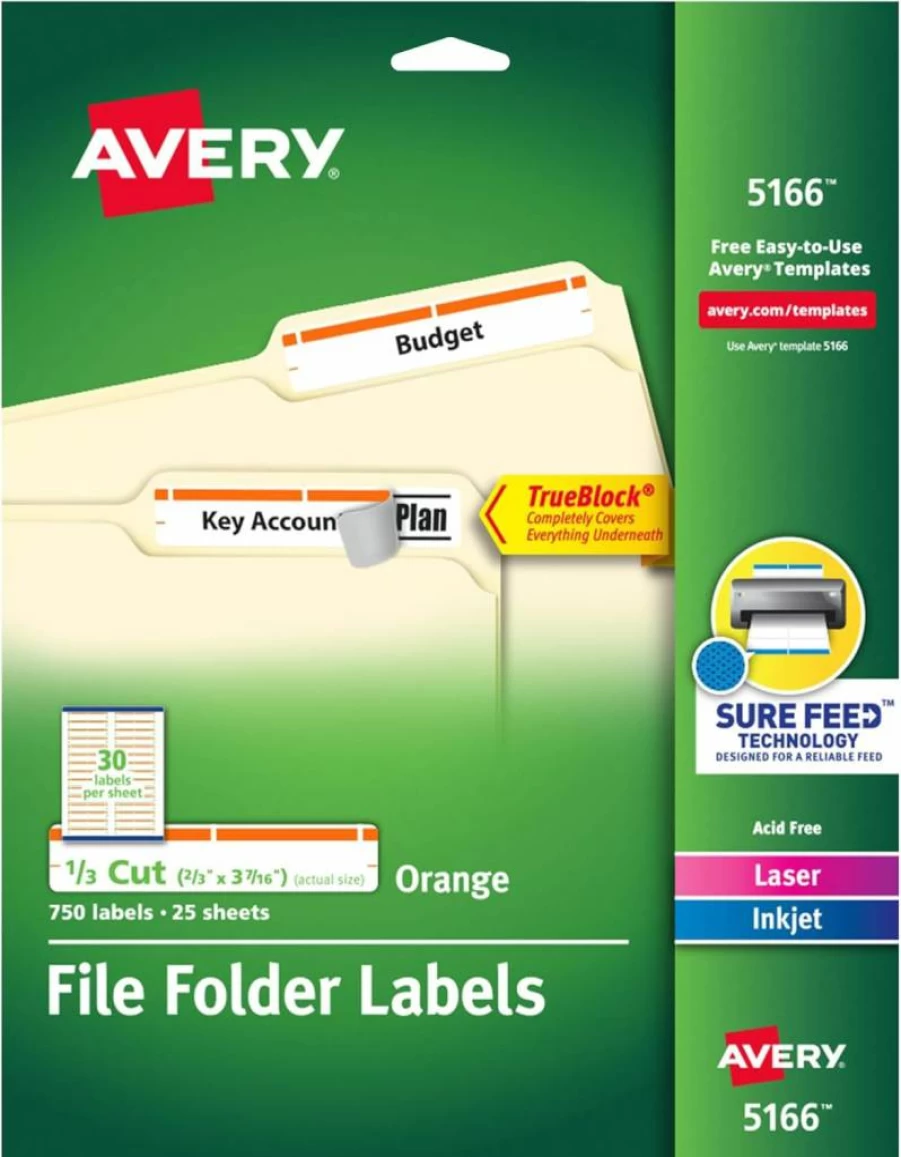 Avery Trueblock Permanent File Folder Labels, 2/3" x 3-7/16", 750 White/Orange Printable Labels (5166) for Laser/Inkjet Printers