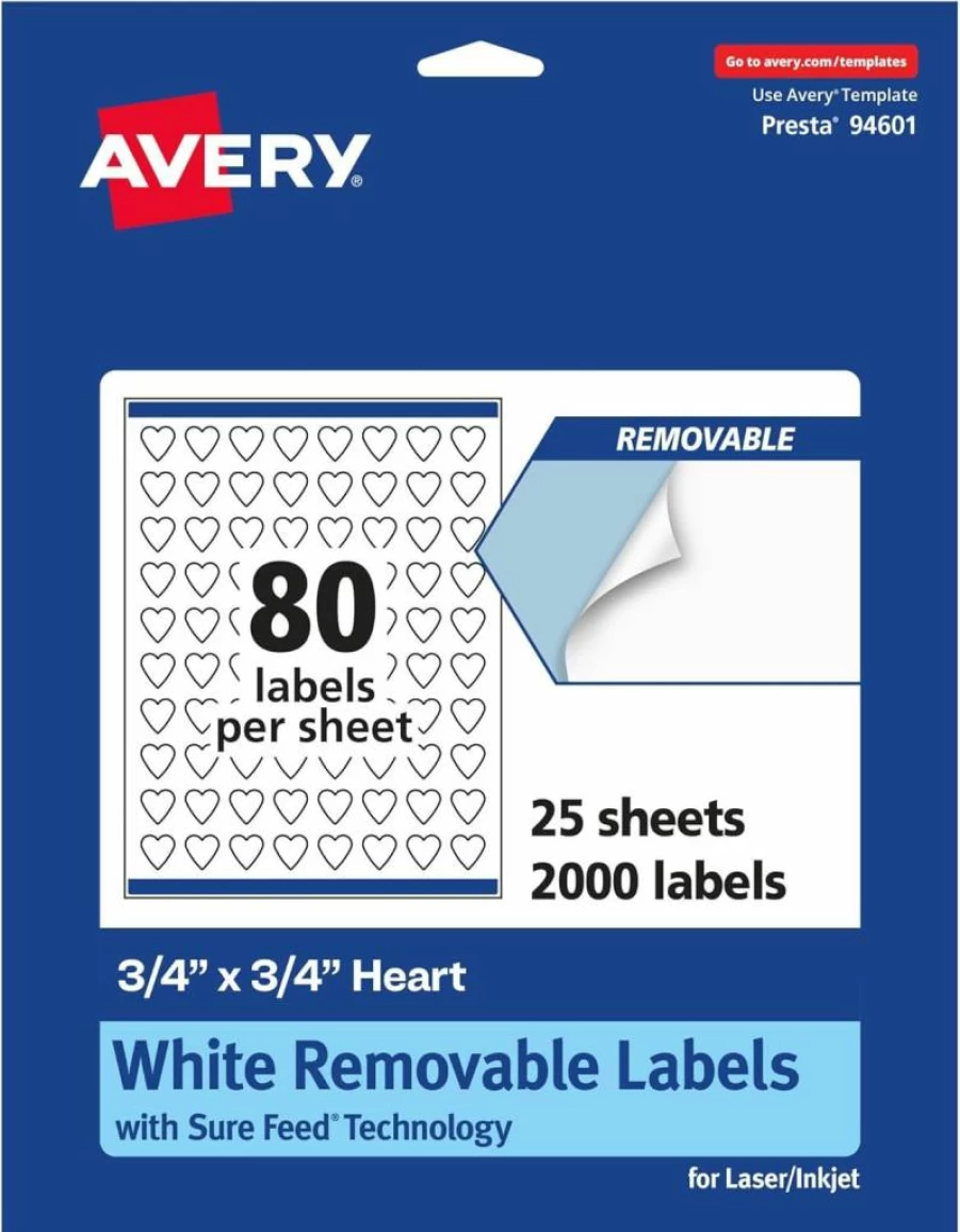AVERY Removable Heart Labels, Matte White, 0.75" x 0.75", 1,200 Labels, Sure Feed Technology, Print-To-The-Edge, Laser/Inkjet Printable