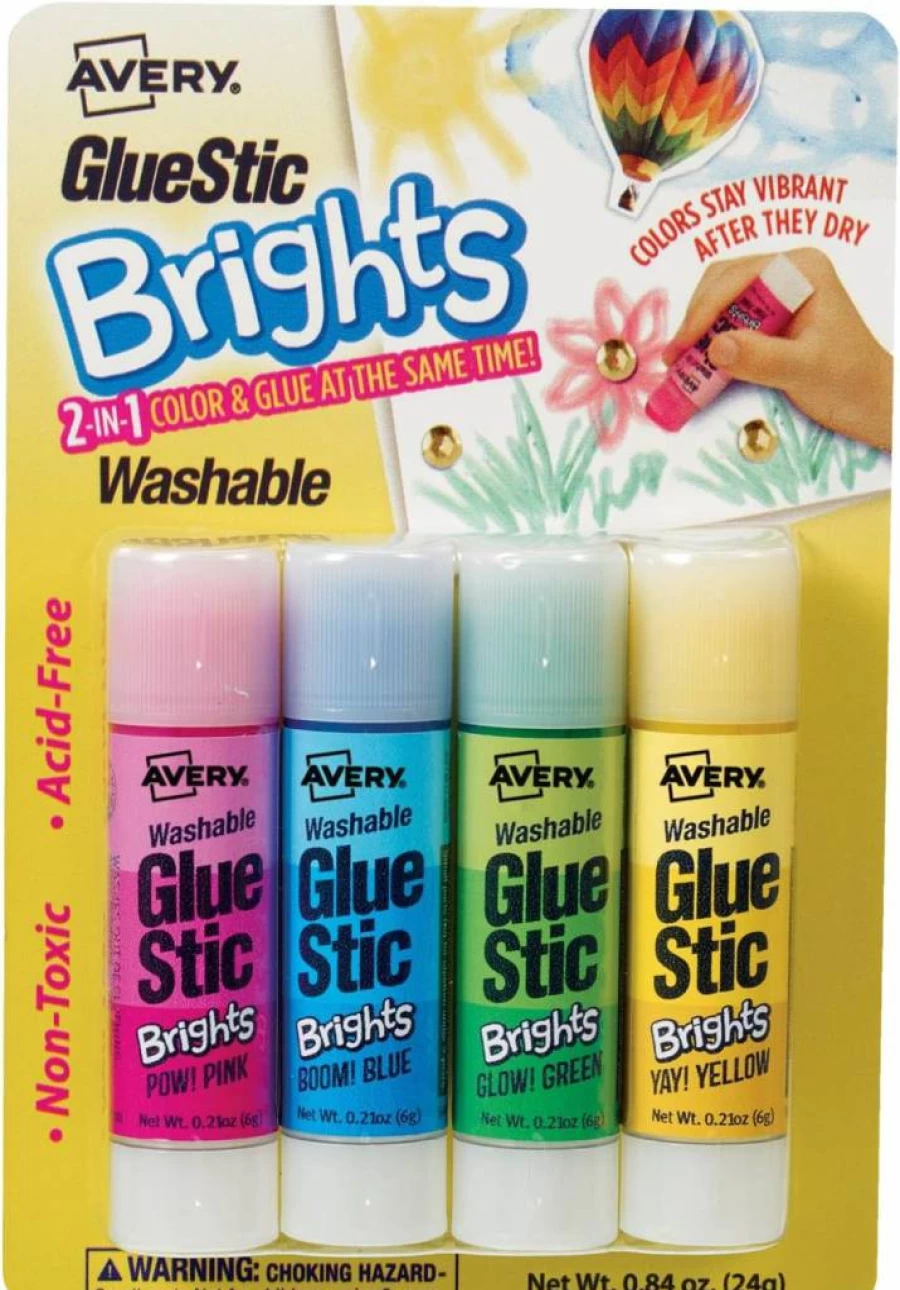 Avery Washable Non-Toxic Glue Sticks, 4-Pack, Assorted Bright Colors, 0.21 oz Permanent Adhesive for Crafts & School Projects (00102)