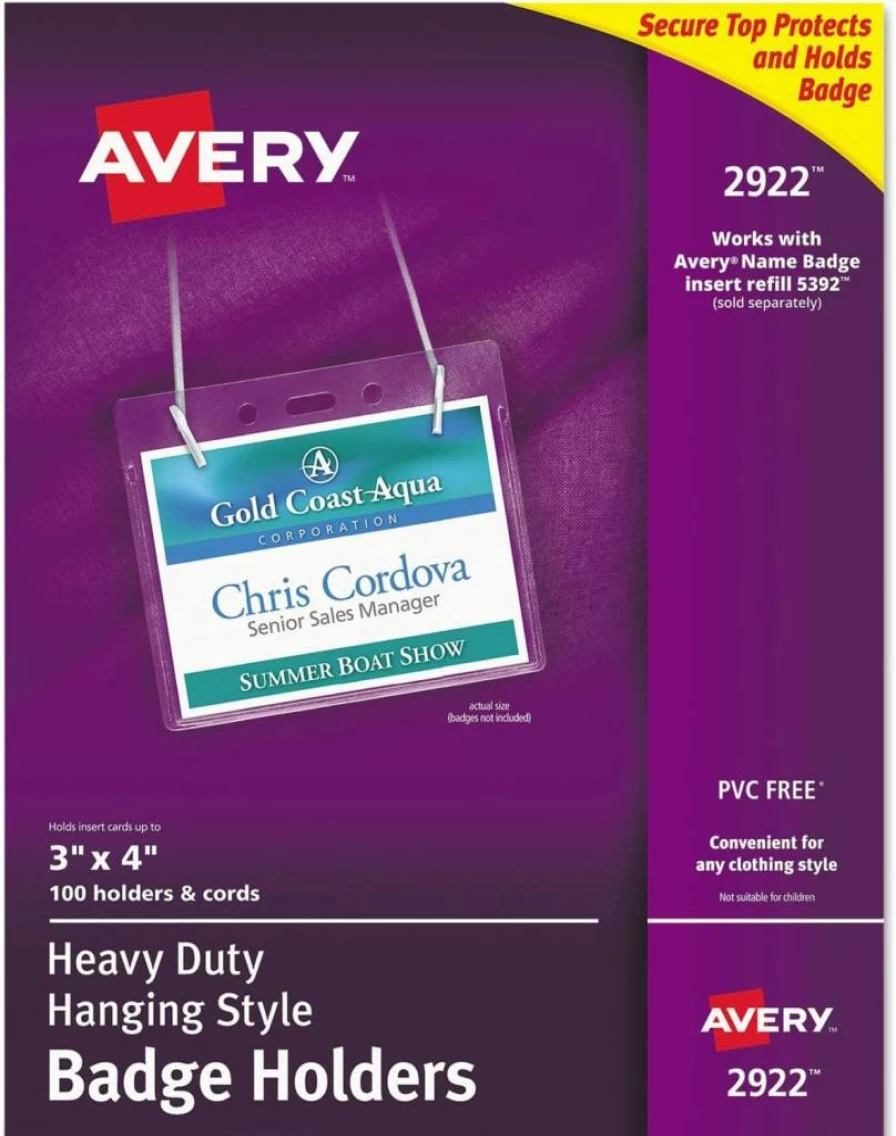 Avery 2922 Heavy Duty 3" x 4" Horizontal ID Badge Holders with Cords - 100 Pack