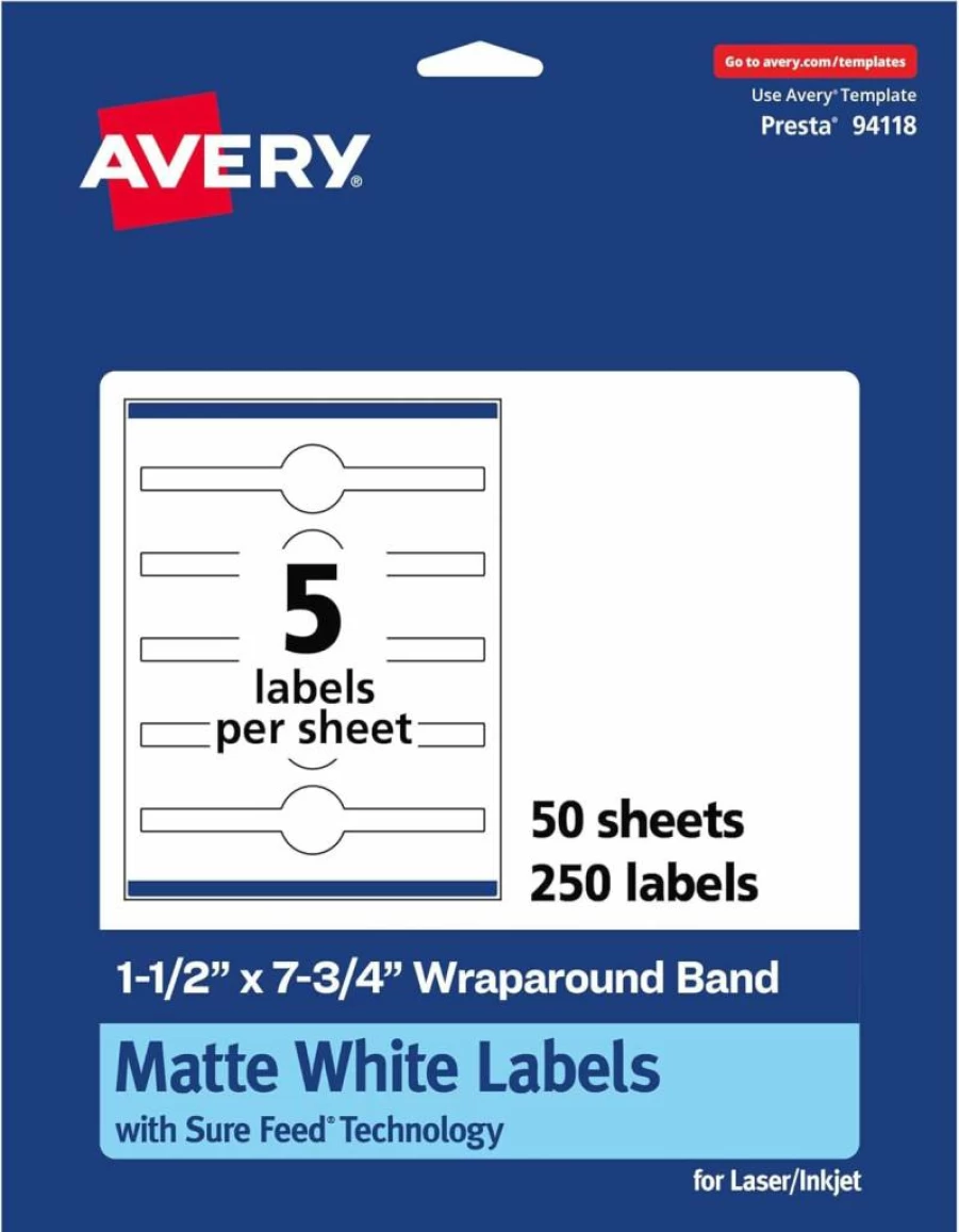 Avery Matte White Cigar Band Labels 1.5" x 7.75" - Sure Feed Technology, Print-To-The-Edge, Permanent Adhesive, Laser/Inkjet Printable - 125 Labels/Pack