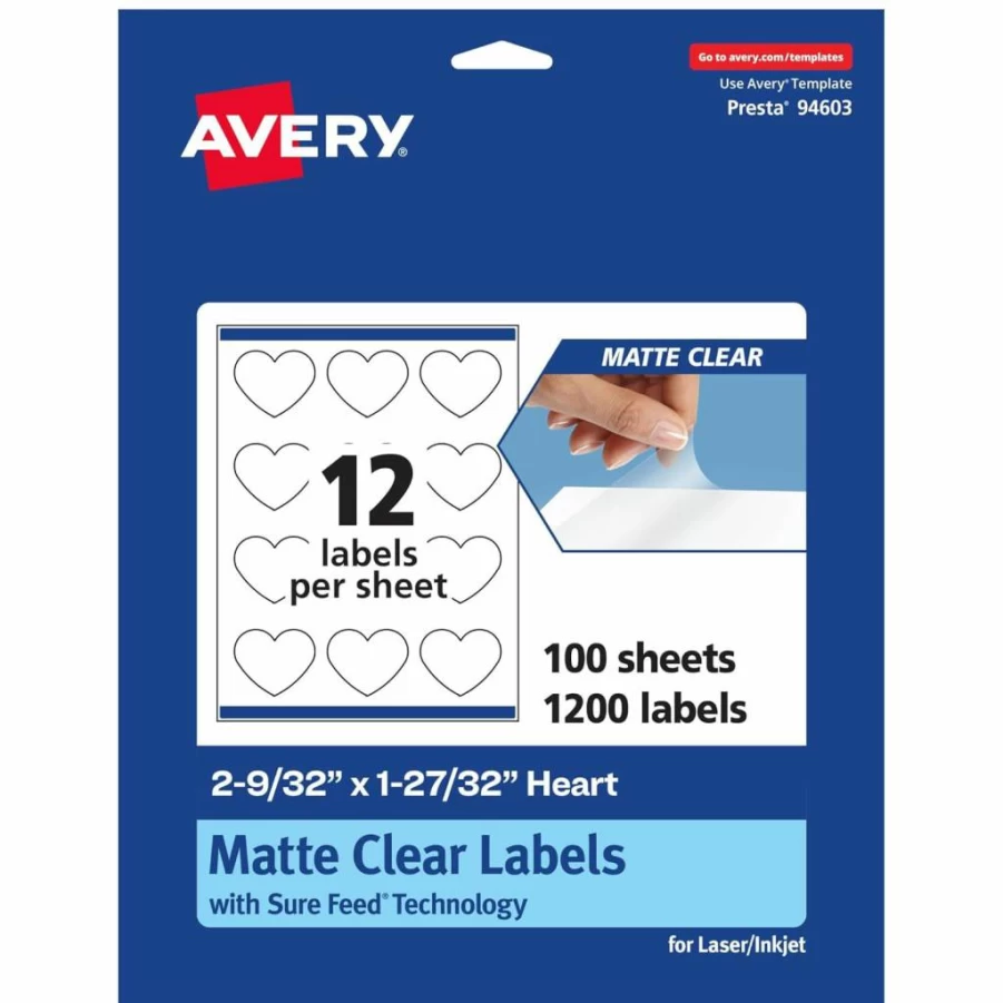 Avery Matte Clear Heart Labels with Sure Feed Technology, 2-9/32" x 1-27/32", 120-Pack, Print-to-the-Edge for Laser/Inkjet Printers