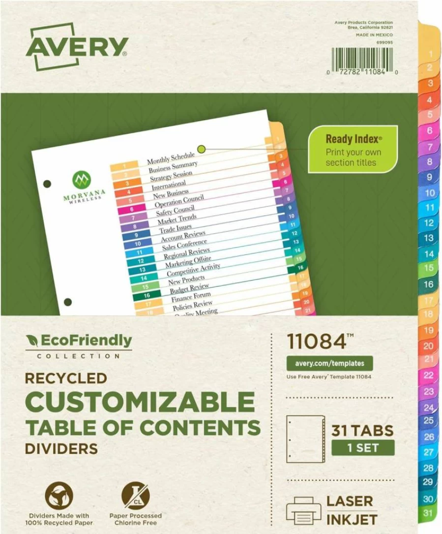AVERY 8-Tab Recycled Binder Dividers, 3 Sets (24 Dividers Total) - Eco-Friendly, Customizable Multicolor Tabs for 3-Ring Binders, Ready Index (Model 11081)