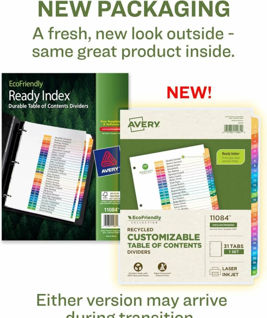 AVERY 8-Tab Recycled Binder Dividers, 3 Sets (24 Dividers Total) - Eco-Friendly, Customizable Multicolor Tabs for 3-Ring Binders, Ready Index (Model 11081)