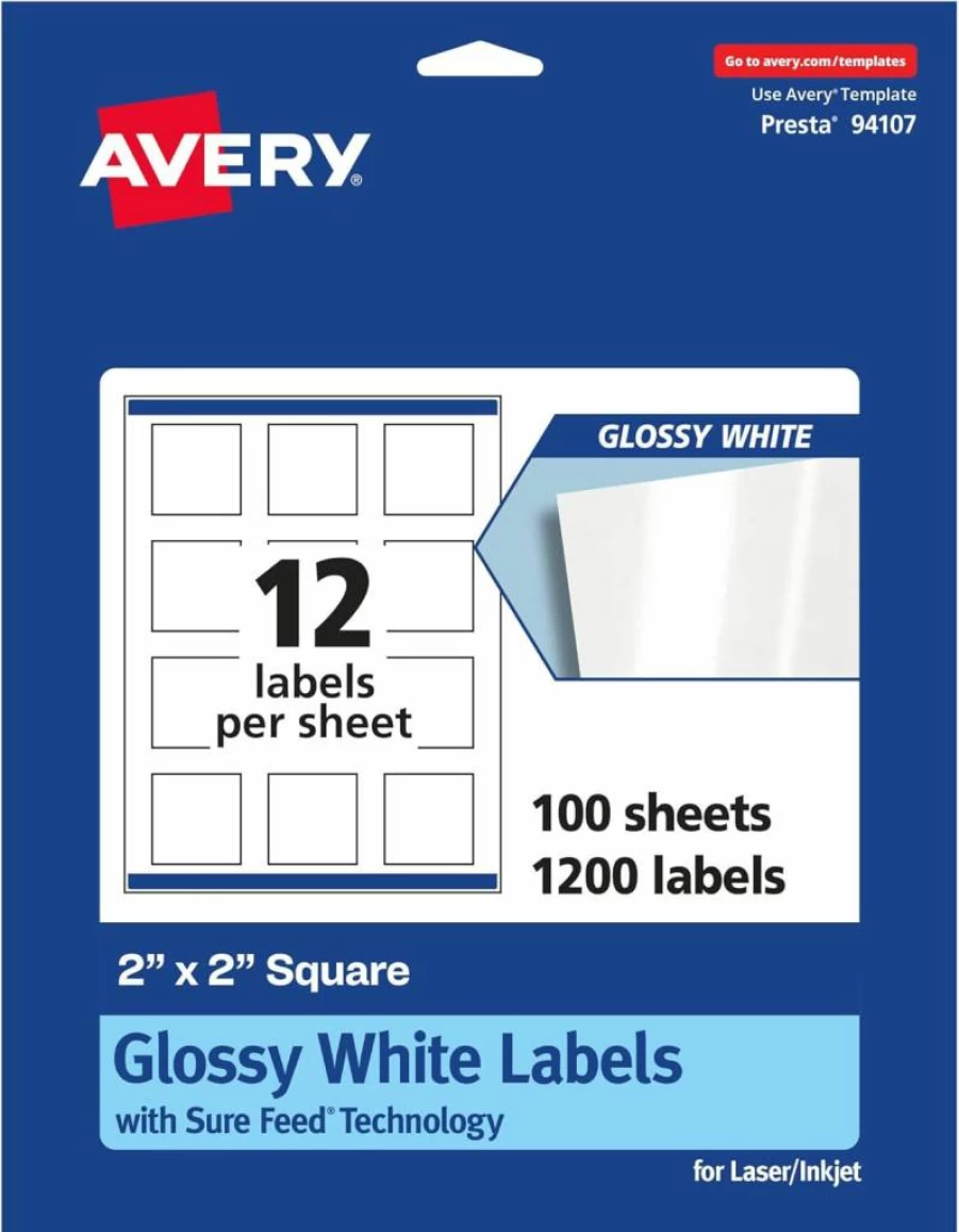 Avery 36477 Glossy White 2x2 Inch Square Labels with Sure Feed Technology, 300 Count