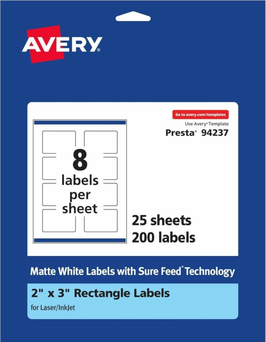 Avery Matte White 2" x 3" Rectangle Labels with Sure Feed Technology - 200 Printable Matte Finish Stickers for Laser & Inkjet Printers