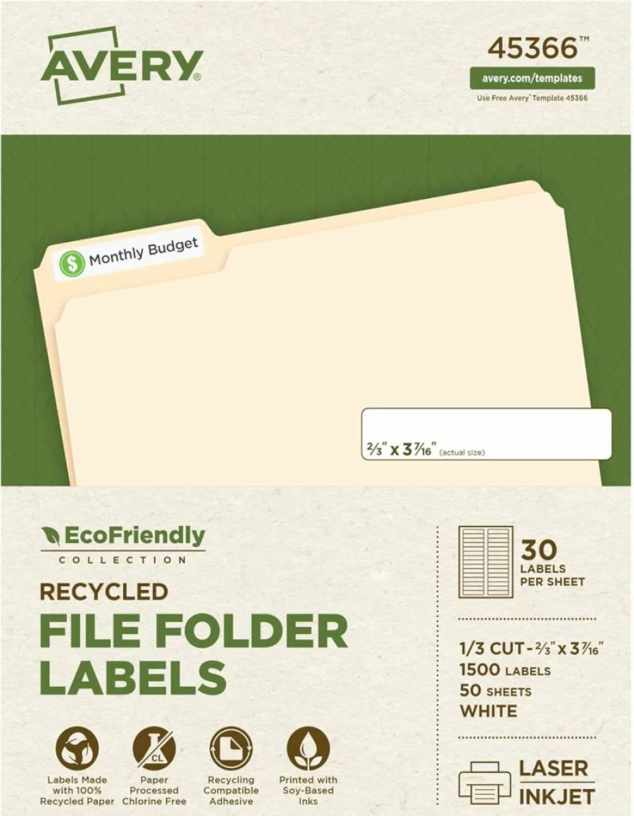 AVERY 48266 Recycled White File Folder Labels, 2/3" x 3-7/16", Eco-Friendly Permanent Adhesive, 750 Printable Labels for Organizing