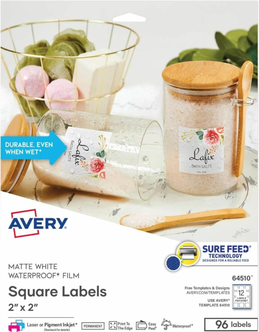 Avery 22846 Kraft Brown 2" x 2" Square Labels - Sure Feed, Edge-to-Edge Printing, 300 Pack for Laser/Inkjet Printers