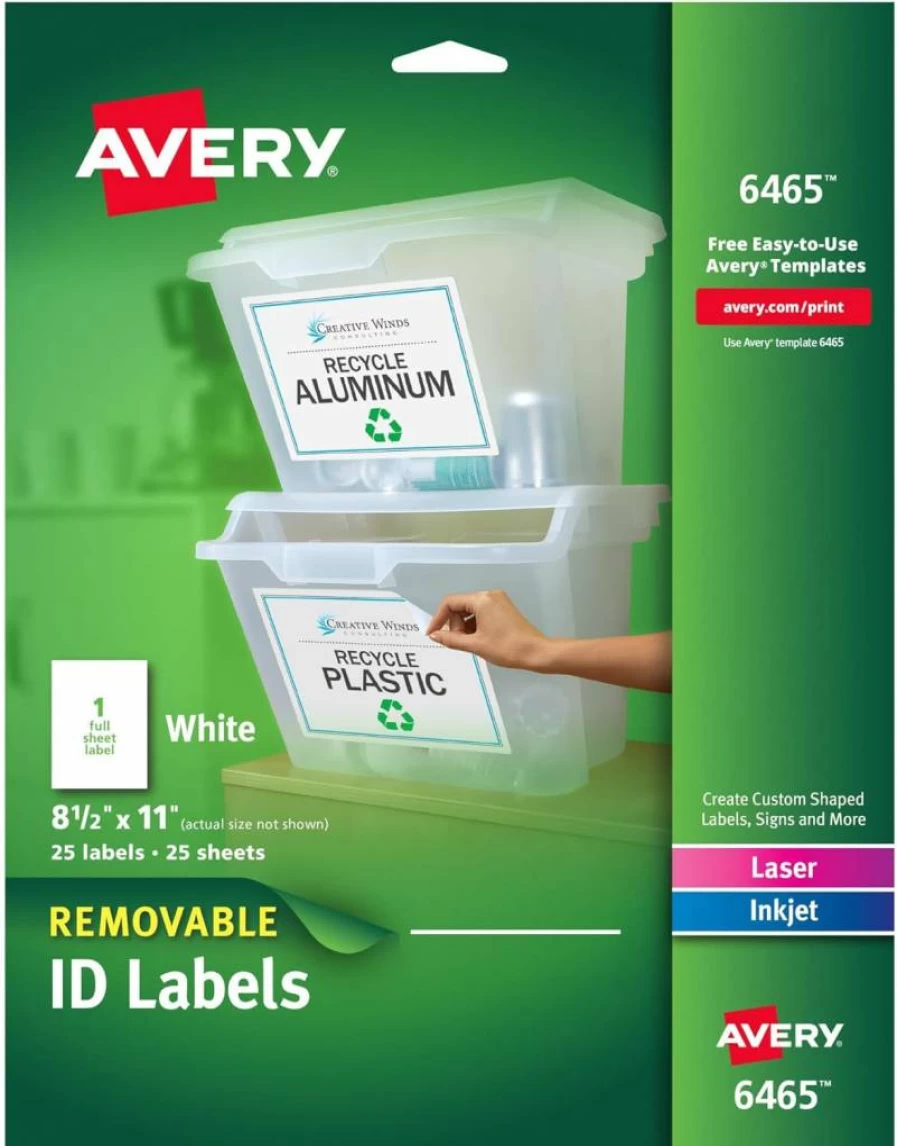 AVERY Removable Self-Adhesive ID Labels for Laser Printers, 8.5" x 11" White Sheets, 5-Pack (6465)