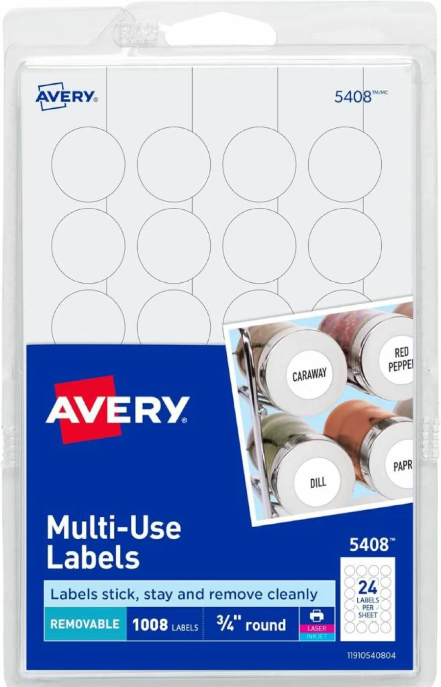 Avery 5408 Removable Labels 0.75" Round, 1008-Pack for Laser/Inkjet Printers - Print & Write