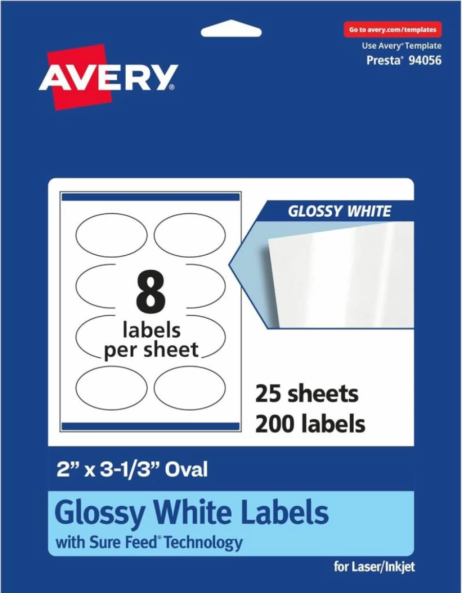 Avery Glossy White Oval Labels 2" x 3-1/3" - 80-Pack, Sure Feed Technology, Permanent Adhesive, Print-to-Edge for Laser/Inkjet Printers