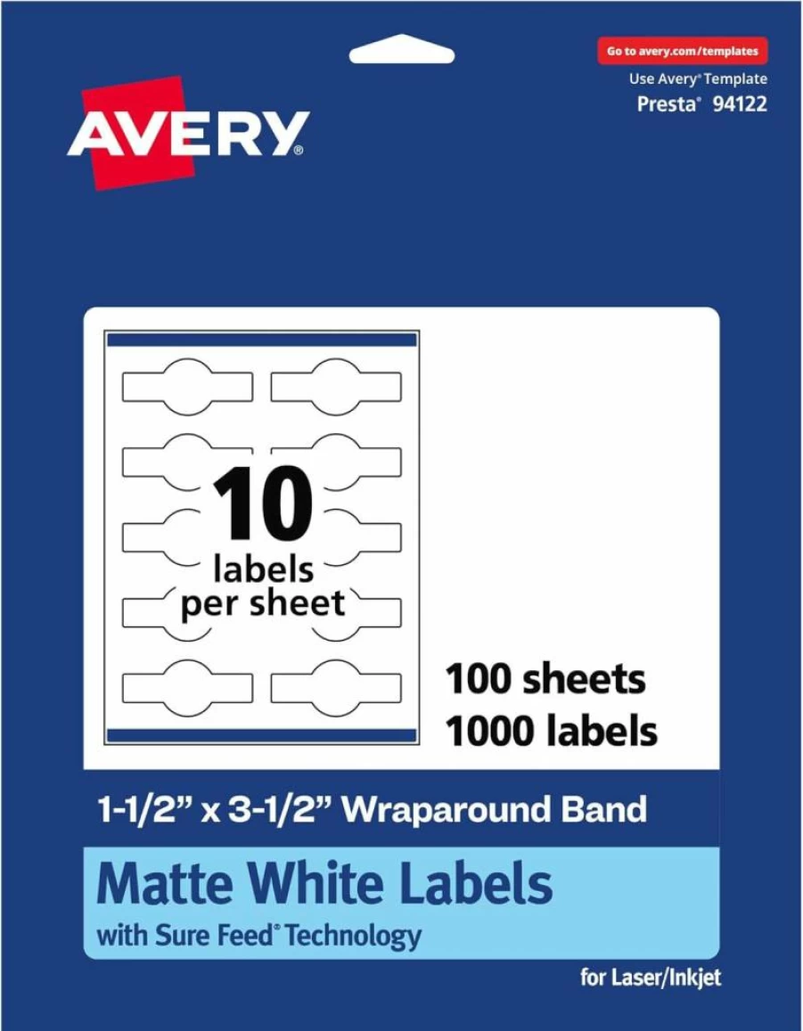 Avery Matte White Cigar Band Labels 1.5" x 3.5" - 250 Pack, Sure Feed Technology, Print-To-The-Edge, Permanent Adhesive, Laser/Inkjet Printable