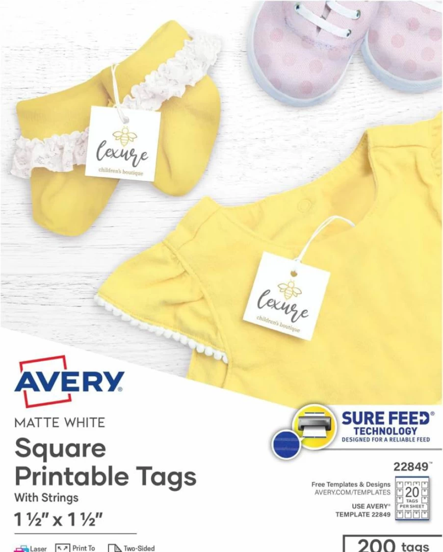 AVERY 22849 Printable Square Tags, 1.5" x 1.5" White Labels with String, Laser/Inkjet Compatible, 200-Pack for Branding, Gifts & Merchandising, Sure Feed Technology
