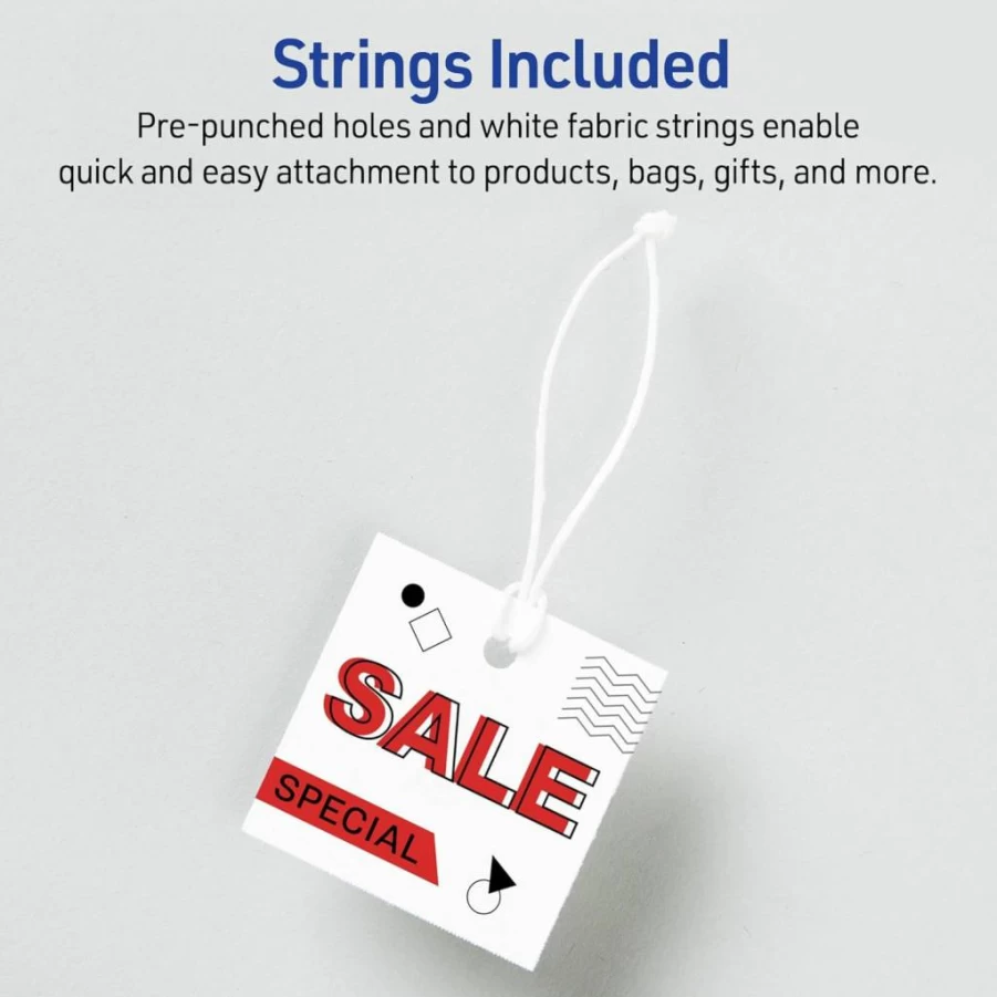 AVERY 22849 Printable Square Tags, 1.5" x 1.5" White Labels with String, Laser/Inkjet Compatible, 200-Pack for Branding, Gifts & Merchandising, Sure Feed Technology