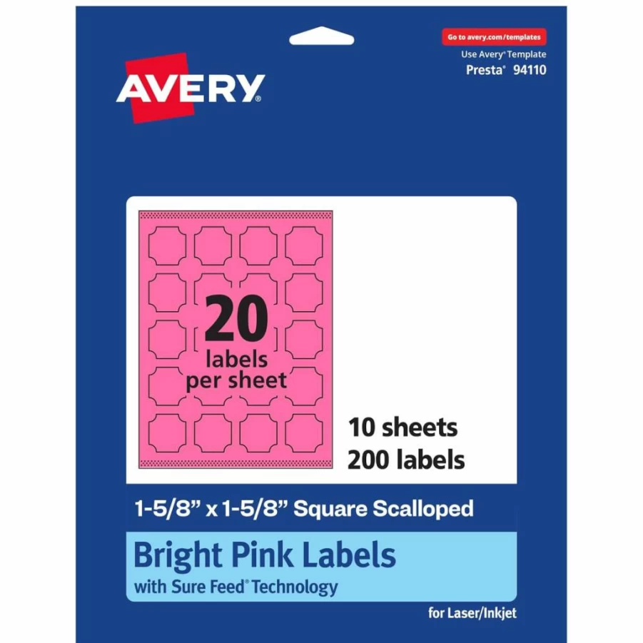 Avery Bright Pink Printable Scalloped Labels 1-5/8" x 1-5/8" - 200 Pack, Sure Feed for Laser/Inkjet, Print-to-Edge for Cosmetics & Jars