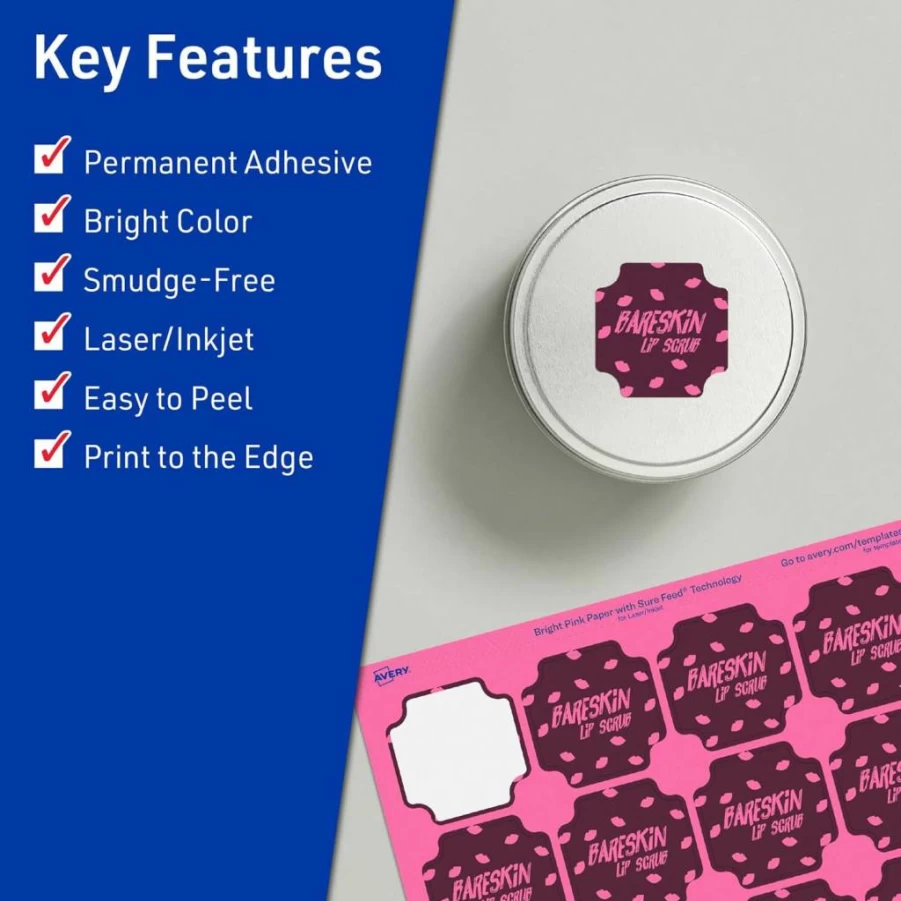 Avery Bright Pink Printable Scalloped Labels 1-5/8" x 1-5/8" - 200 Pack, Sure Feed for Laser/Inkjet, Print-to-Edge for Cosmetics & Jars