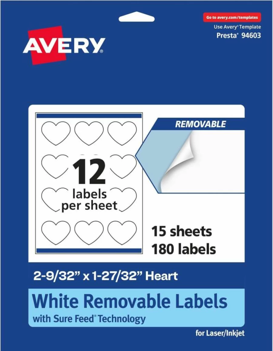 AVERY Matte White Removable Heart Labels, 2-9/32" x 1-27/32", 180-Pack, Sure Feed Technology, Print-To-The-Edge Design, Laser/Inkjet Printable, DIY Stickers for Organizing & Decorating