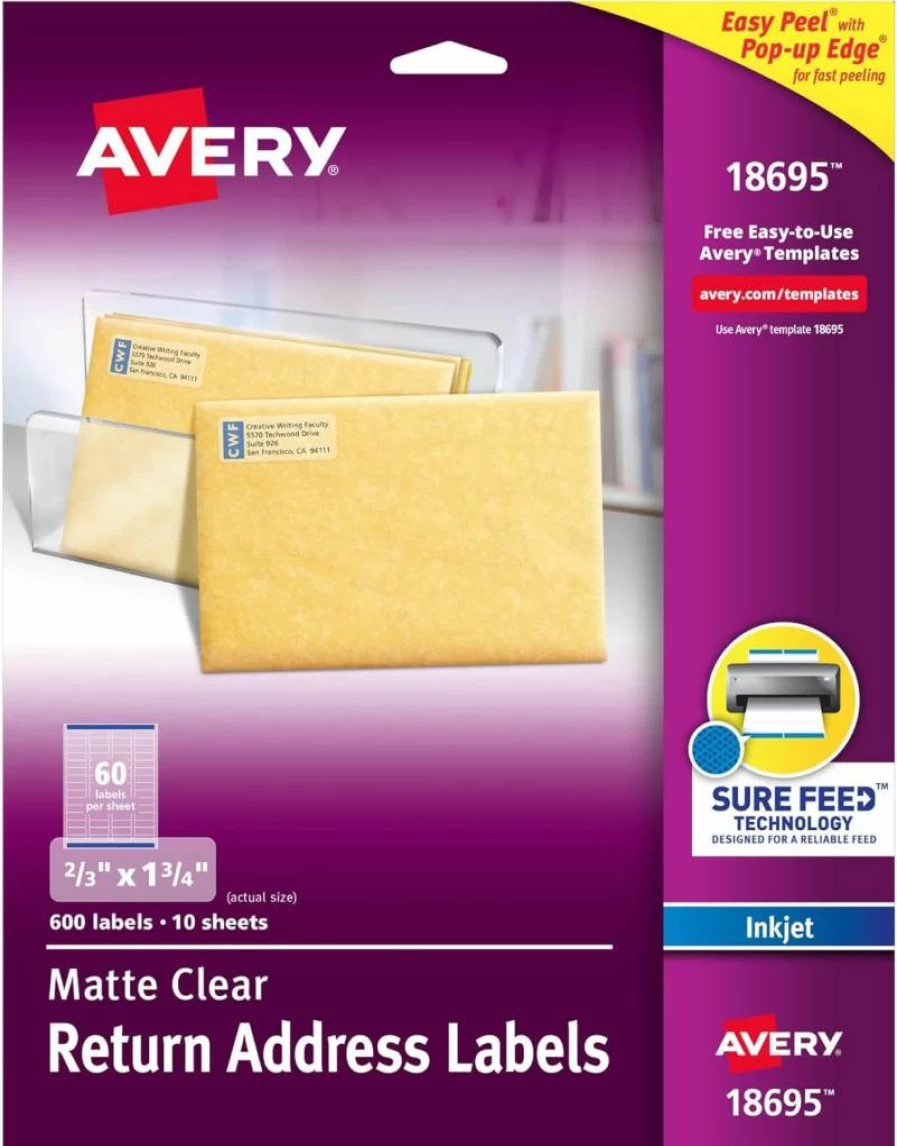 AVERY 18695 Matte Clear Address Labels for Inkjet Printers, 2/3" x 1-3/4", 600 Labels per Pack, 5-Pack, Sure Feed Technology, Mailing & Shipping Labels