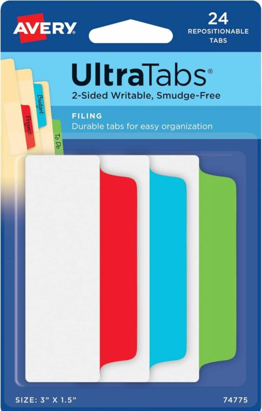 Avery Repositionable File Tabs, 3" x 1.5", 2-Side Writable, Red Blue Green, 24-Pack (74775) for Organizing Folders