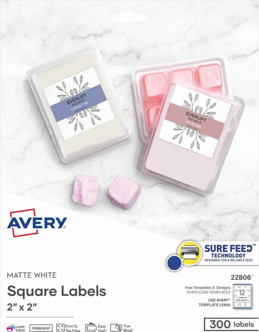 Avery 22806 Matte White Printable Labels, 2" x 2" Square, 300 Customizable Blank Stickers for Laser & Inkjet Printers