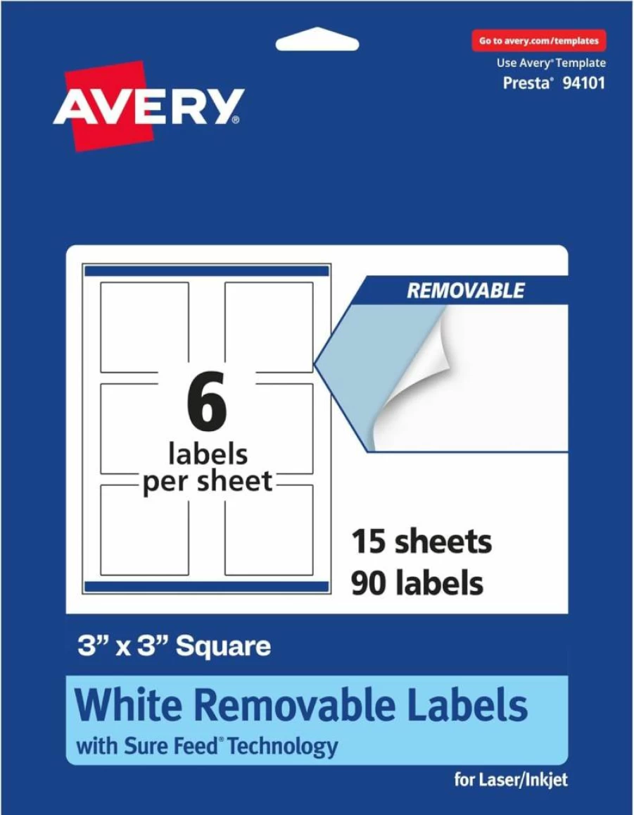 Avery Matte White Removable Labels 3" x 3" - 150 Pack, Sure Feed for Laser/Inkjet Printers, Print to Edge Design, Square Stickers for Organizing