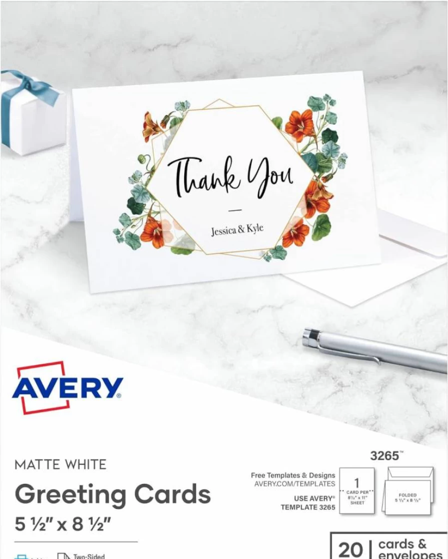 AVERY 3265 Matte White Printable Greeting Cards, Half-Fold 5.5x8.5 Inches, 20 Blank Cards and Envelopes Set for DIY Crafts