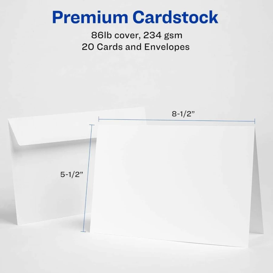 AVERY 3265 Matte White Printable Greeting Cards, Half-Fold 5.5x8.5 Inches, 20 Blank Cards and Envelopes Set for DIY Crafts