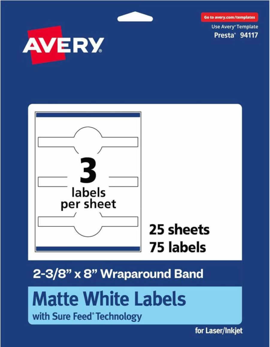 Avery Matte White Cigar Band Labels, 2-3/8" x 8", 75-Pack, Permanent Adhesive, Laser/Inkjet Printable, Sure Feed Technology, Wraparound Labels