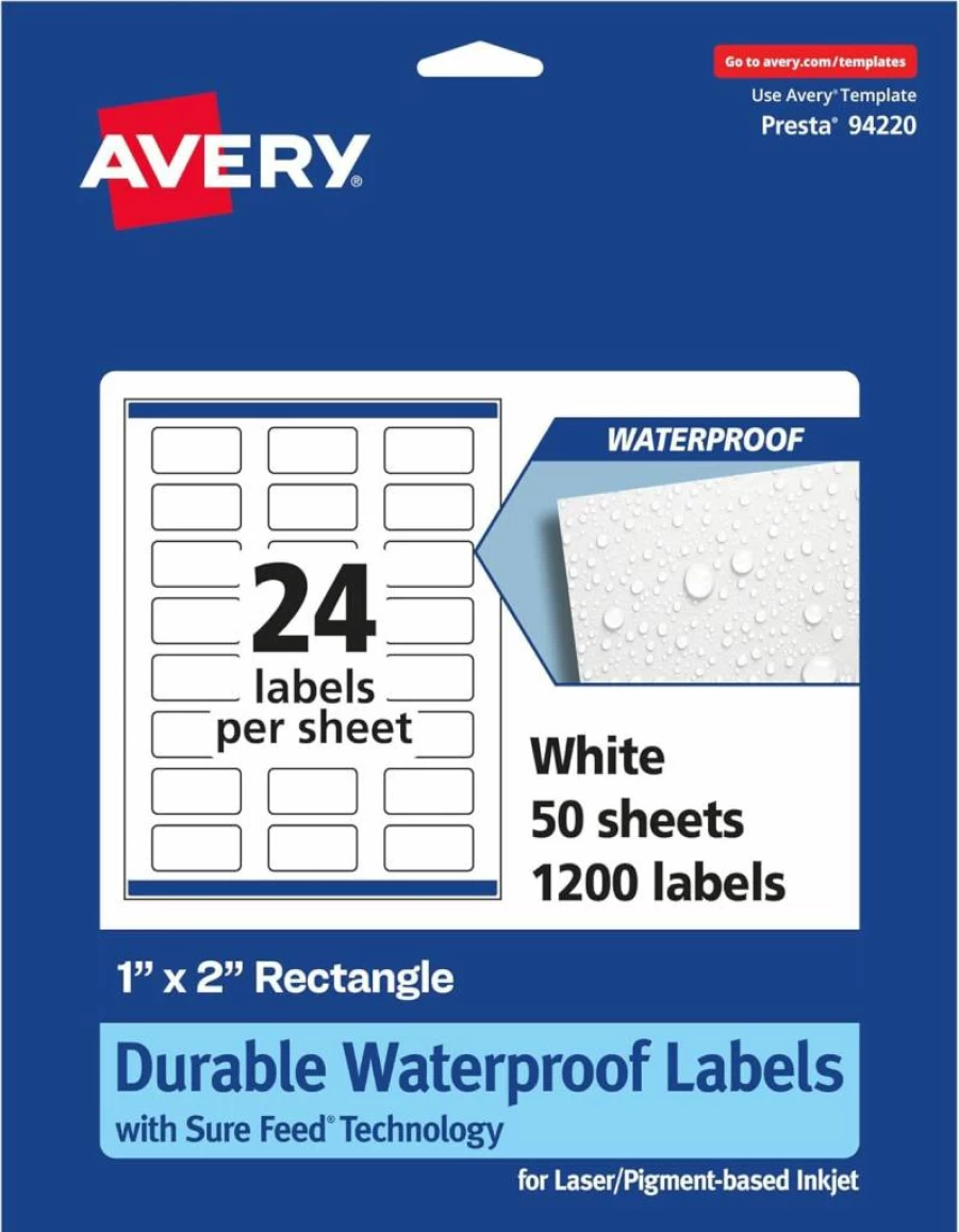 Avery 1" x 2" Waterproof Rectangle Labels, 240-Pack, Sure Feed Technology, Oil & Tear-Resistant, Laser/Inkjet Printable, Print-To-The-Edge Durable Labels