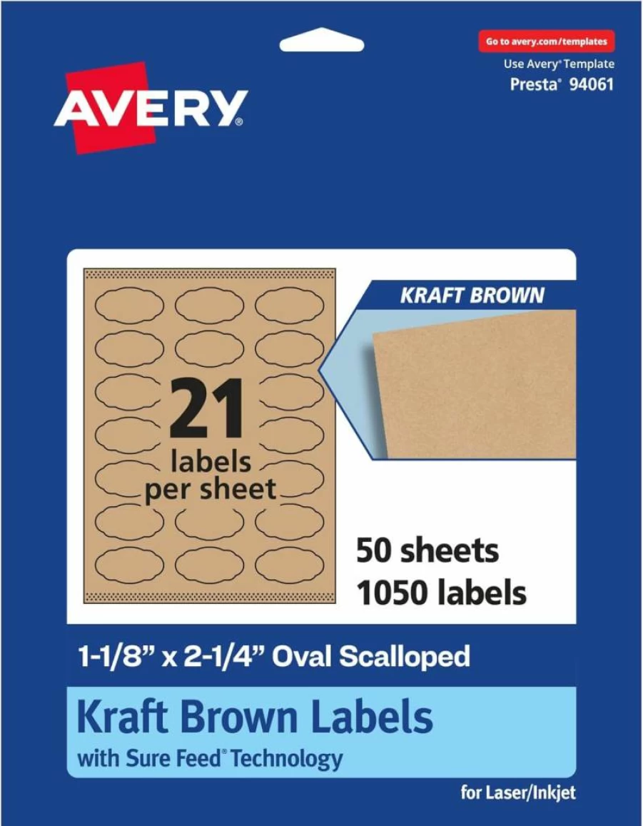 AVERY Sure Feed Oval Scalloped Kraft Brown Labels 1-1/8" x 2-1/4" - 315 Printable Laser/Inkjet Sheets with Print-To-The-Edge Technology