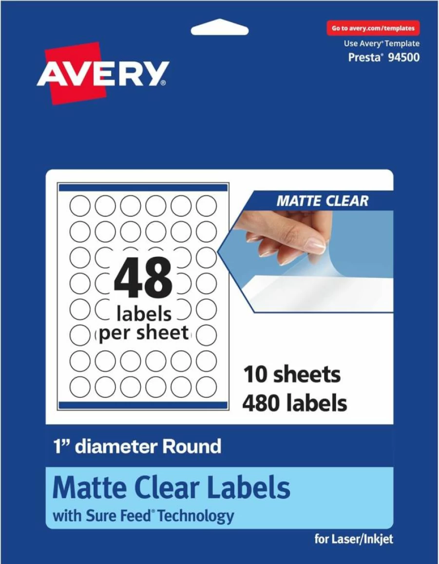 Avery Matte Clear Round Labels 1" Diameter, 480-Pack, Print-to-the-Edge for Laser/Inkjet Printers, Sure Feed Technology