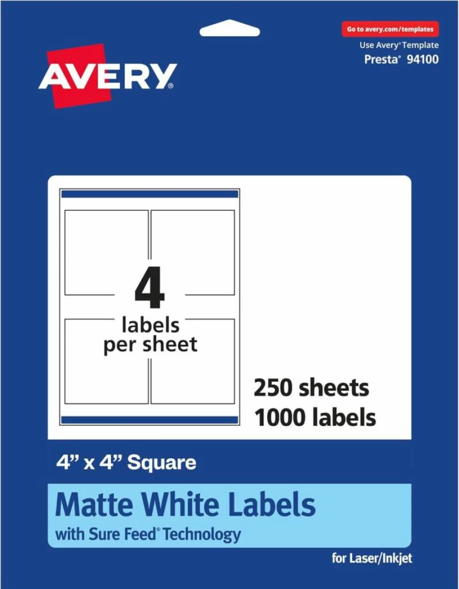 Avery 4" x 4" Matte White Square Labels with Sure Feed Technology, 100-Pack Printable Sticker Sheets for Inkjet & Laser Printers