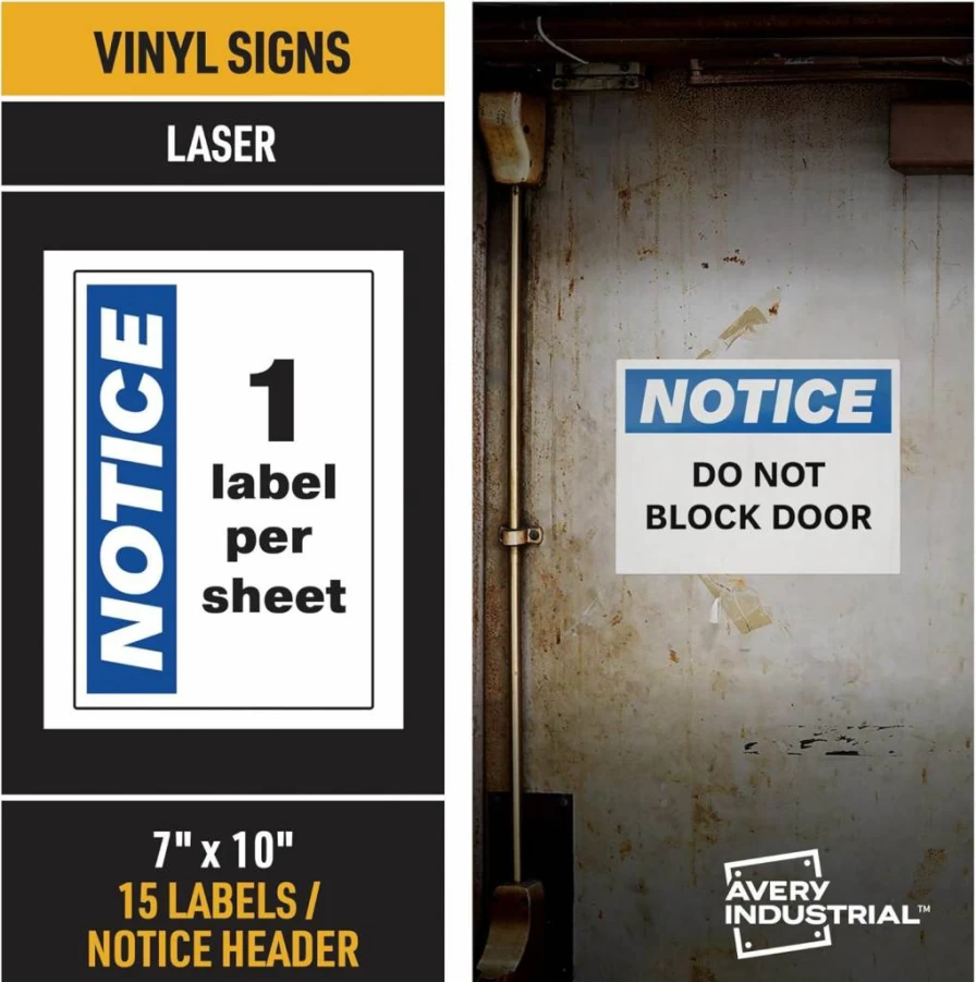 AVERY 61515 Printable Waterproof Warning Labels, 7x10 Inch Chemical Resistant Removable Signs, 15-Pack