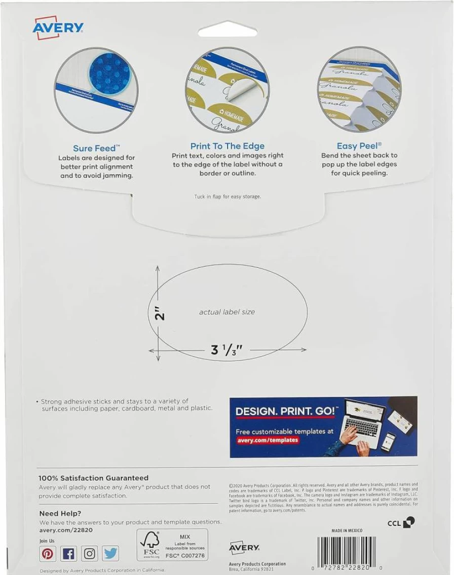 AVERY Glossy White Printable Oval Labels, 2" x 3.33", 80 Customizable Blank Labels for Printing (22820)