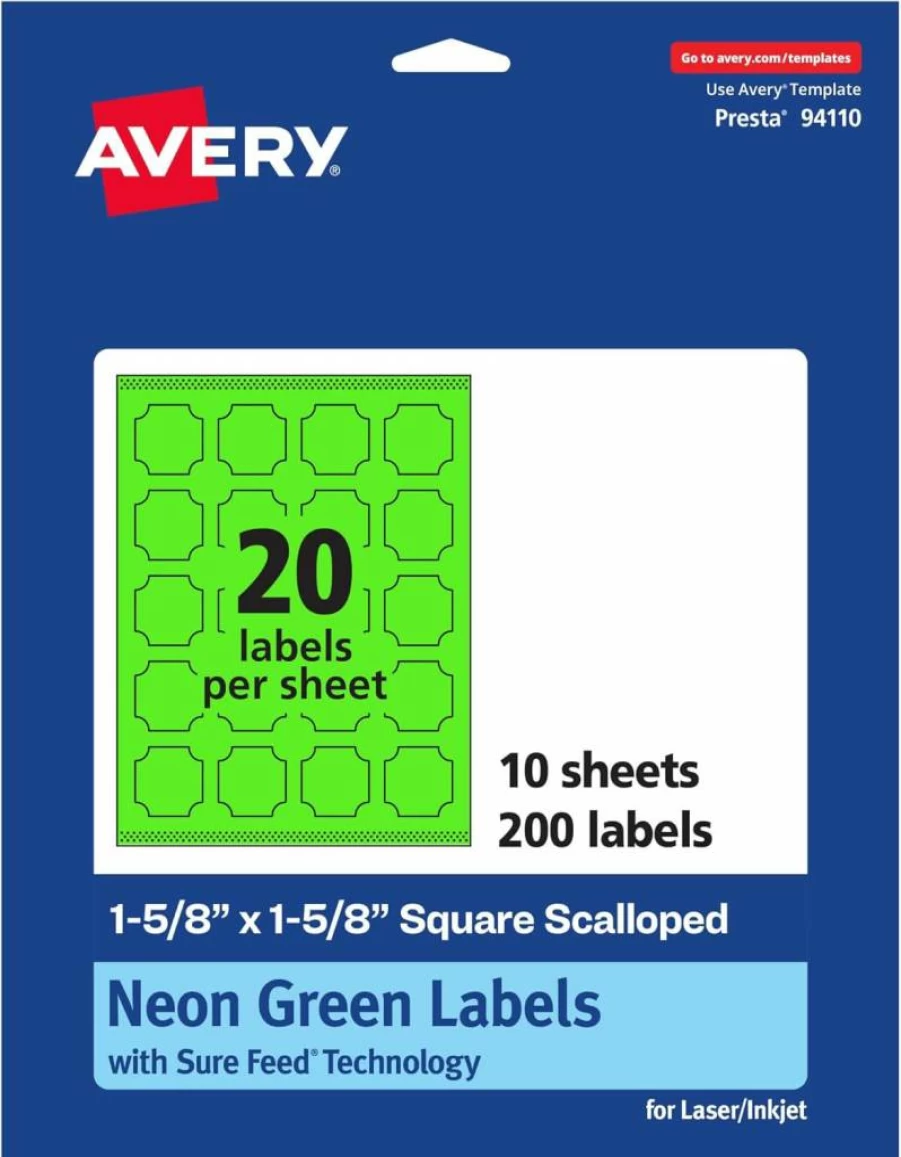 Avery Neon Green Printable Scalloped Labels 1-5/8" x 1-5/8" - 200 Pack, Sure Feed Technology, Laser/Inkjet Compatible, Edge-to-Edge Printing for Cosmetics & Jars