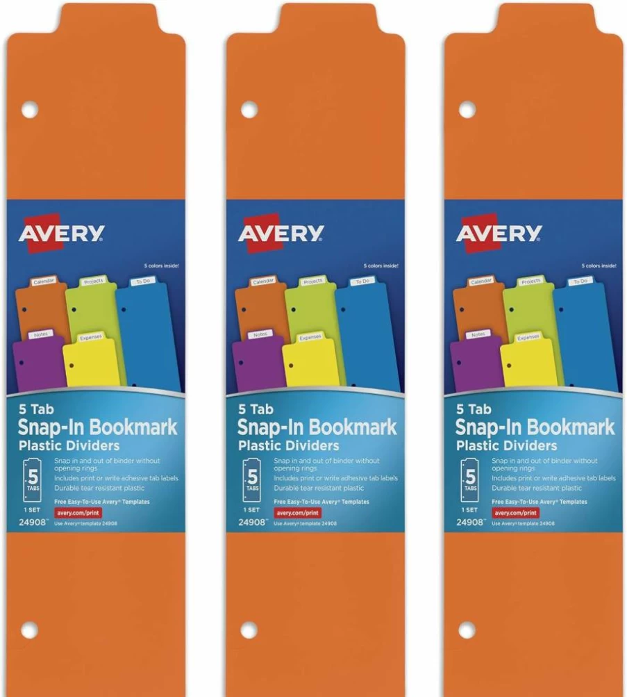 Avery 5-Tab Multicolor Plastic Binder Dividers with Snap-In Bookmarks & White Labels - 3-Ring Binder Set (24908)