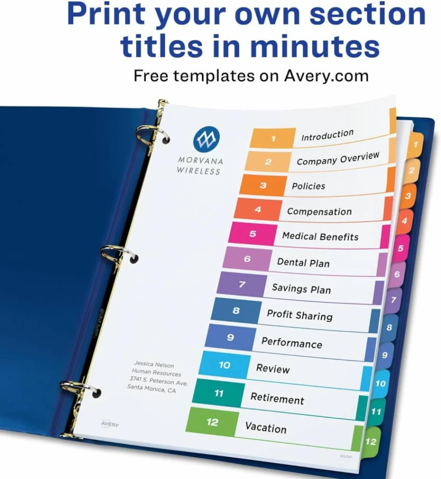 Avery 11169 Customizable 10-Tab Dividers for 3-Ring Binders, 24 Sets with Multicolor Tabs and Table of Contents