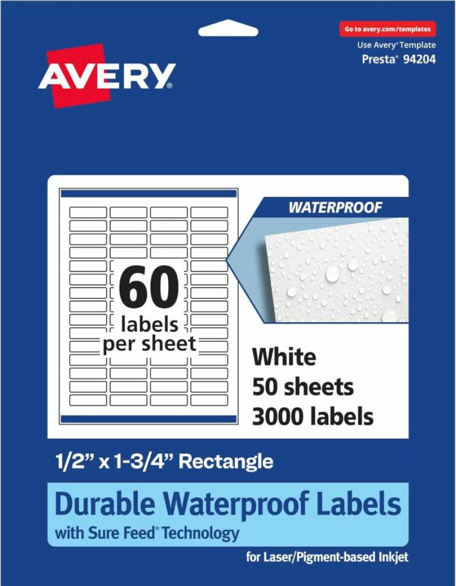 Avery Sure Feed Waterproof Labels 0.5" x 1.75" - 600 Pack, Durable Oil & Tear-Resistant Rectangle Labels for Laser/Inkjet Printers, Print-To-The-Edge Design