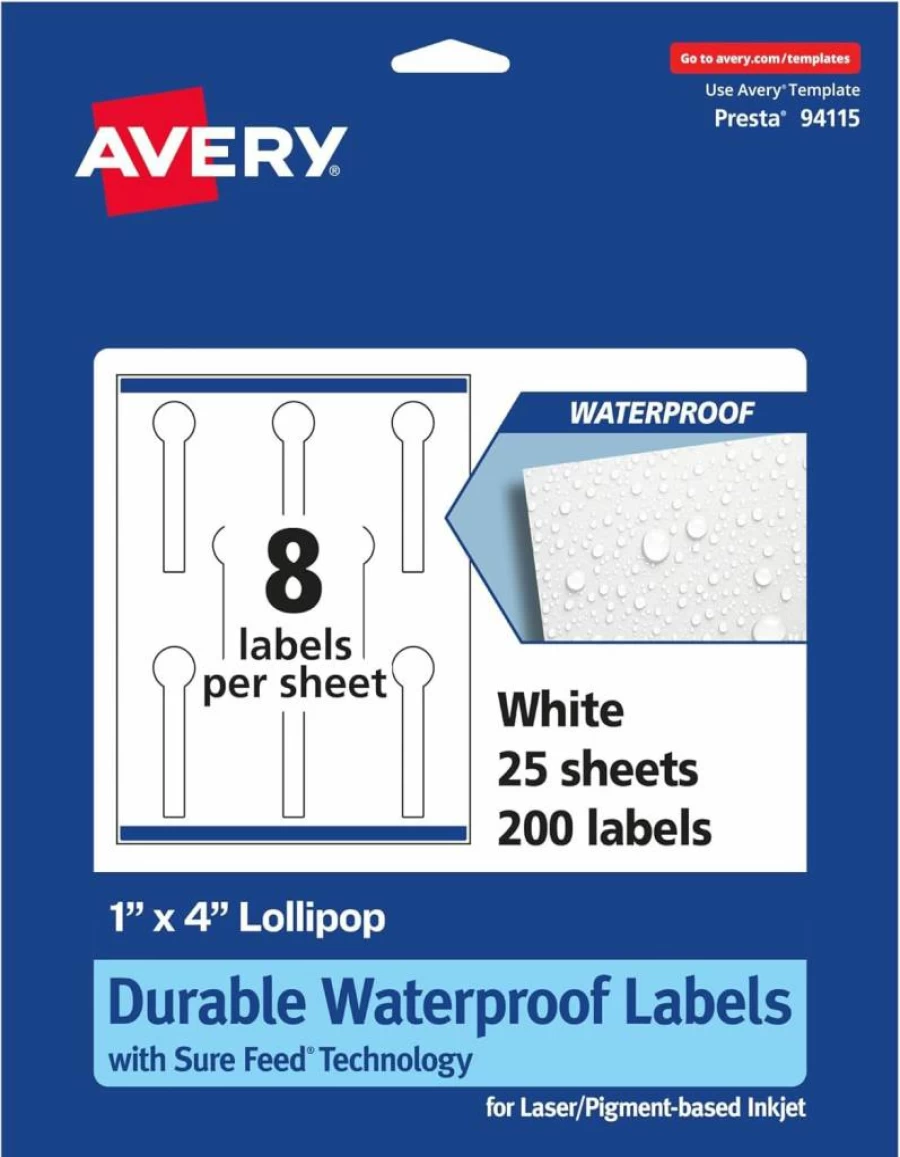 Avery Sure Feed Waterproof Lollipop Labels 1" x 4" - 80 Pack, Tear & Oil Resistant, Laser/Inkjet Printable, Print-to-Edge Durable Stickers