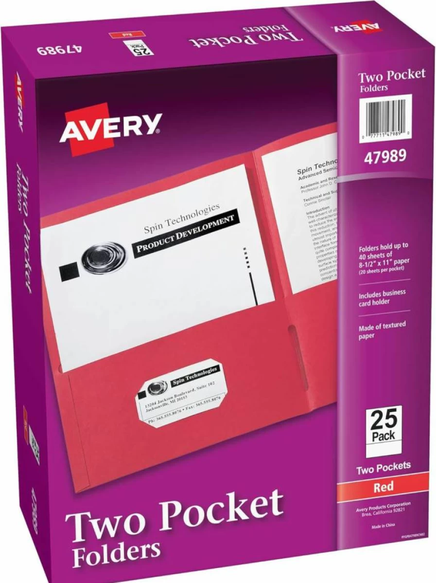Avery Red Two-Pocket Folders with Business Card Slot - 25 Pack, Holds 40 Sheets (47989)