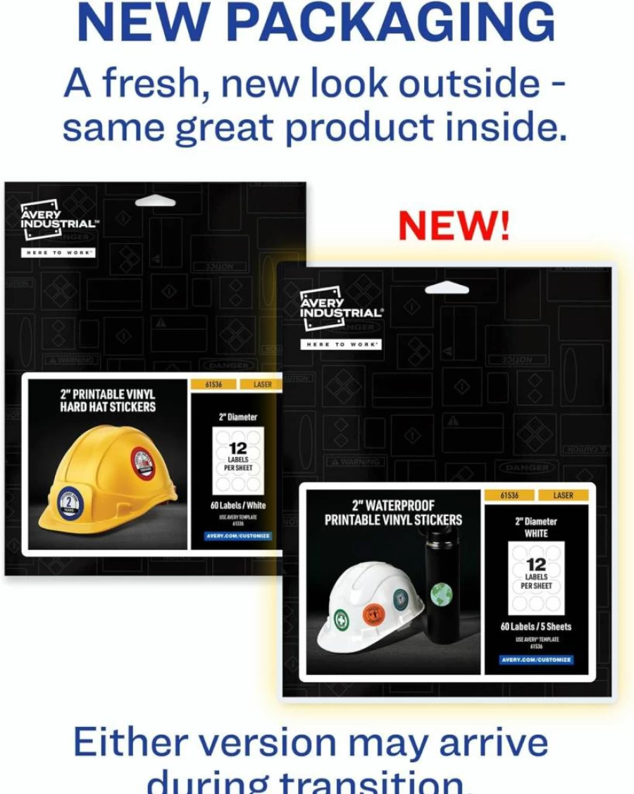 Avery 61536 Waterproof White Vinyl Stickers, 2" Round Permanent Laser Printable Labels for Hard Hats, Laptops, Branding, 60-Pack