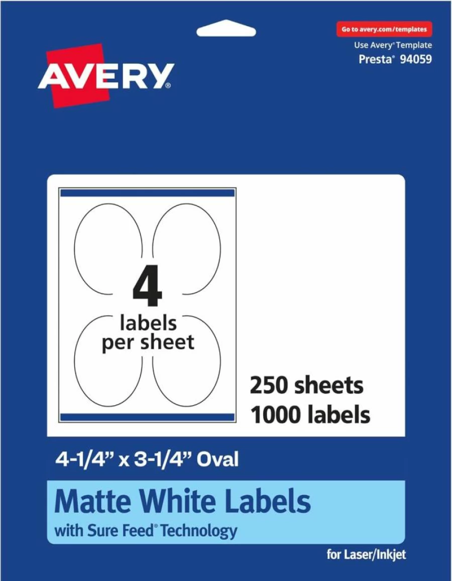 Avery Matte White Oval Labels 4.25" x 3.25" - 100 Printable Sure Feed Labels for Inkjet/Laser Printers