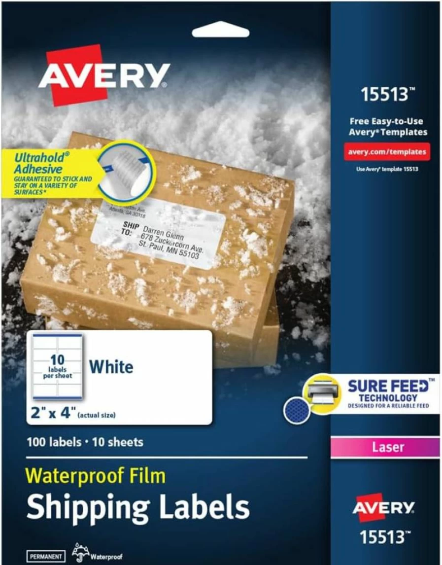 Avery 5523 Ultrahold Permanent Waterproof Labels 2" x 4" - 500 Pack for Laser Printers