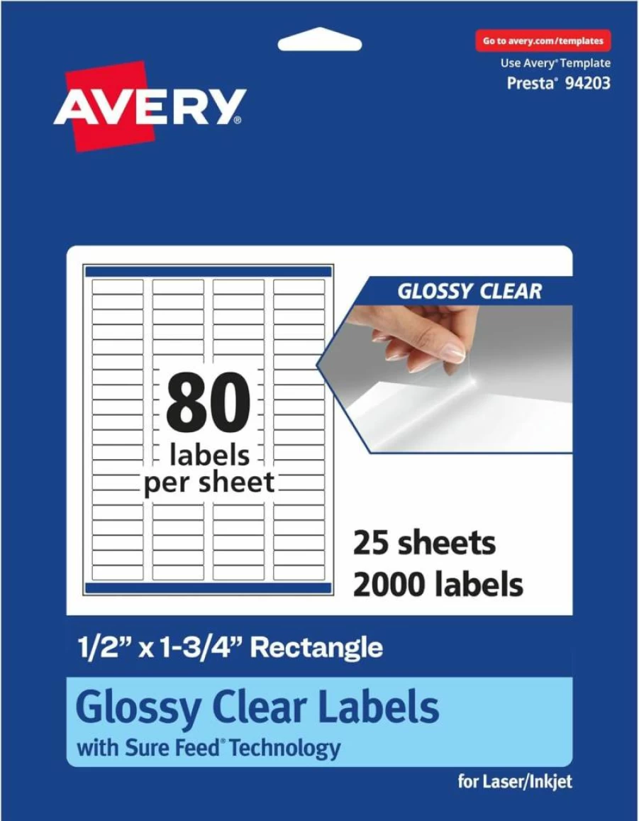 AVERY Glossy Clear Rectangle Labels 0.5" x 1.75" - 400 Pack, Sure Feed Technology, Laser/Inkjet Printable, High-Quality Glossy Finish