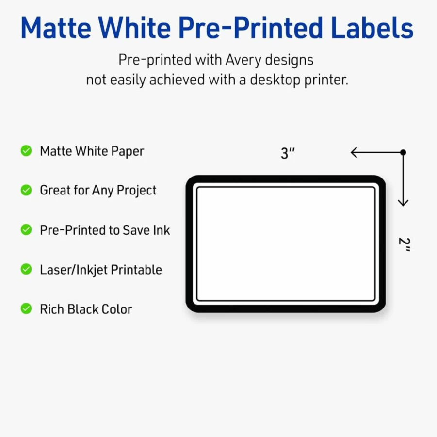 AVERY Matte White Printable Labels with Gold & Navy Floral Border, 2" x 3" Permanent Adhesive, 80-Pack for Laser/Inkjet Printing, Ideal for Product Branding & Merchandising