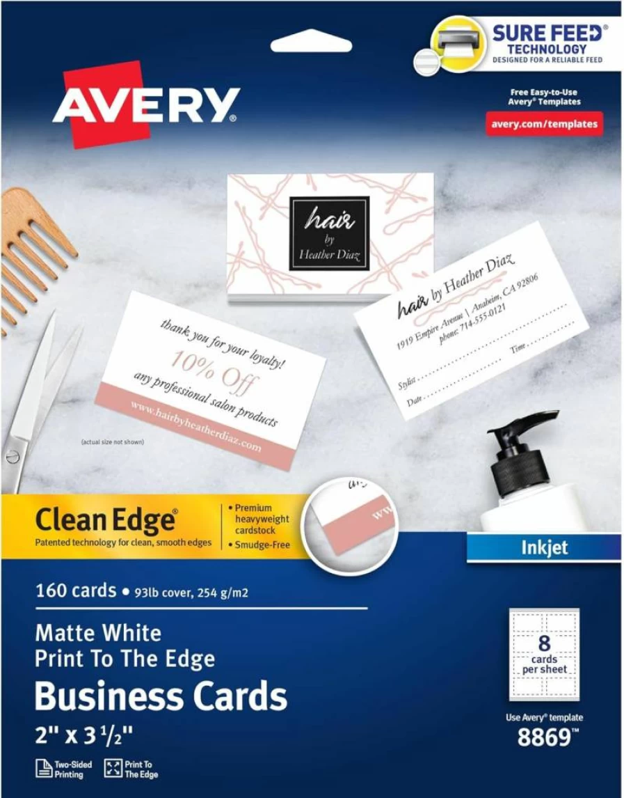 AVERY 8869 Printable Business Cards 2" x 3.5" White 160 Sheets for Inkjet Printers Sure Feed Technology Clean Edge Design