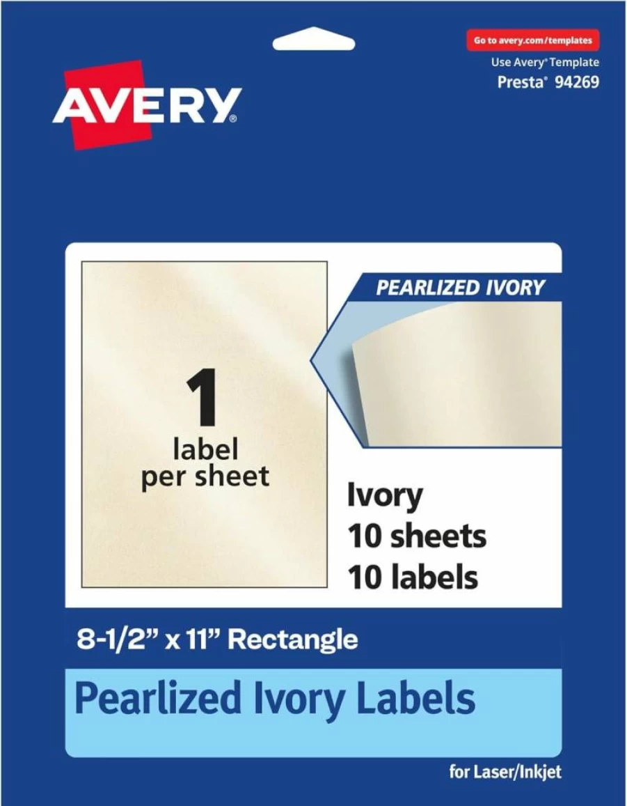 AVERY Pearlized Ivory Printable Labels, 8.5" x 11" Rectangle Laser/Inkjet Sheets, 10-Pack