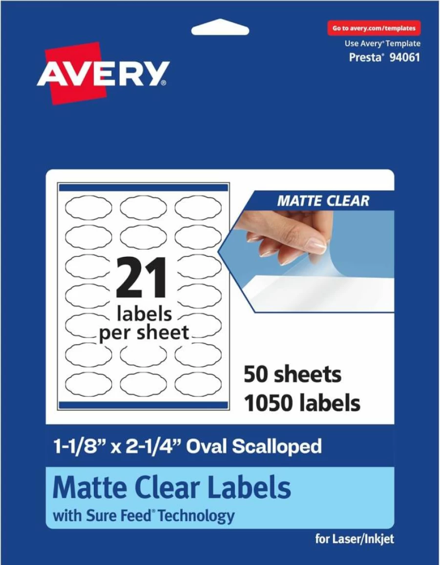 Avery Matte Clear Oval Scalloped Labels 1-1/8" x 2-1/4" - 210 Pack, Sure Feed Technology, Print-to-the-Edge for Laser/Inkjet Printers